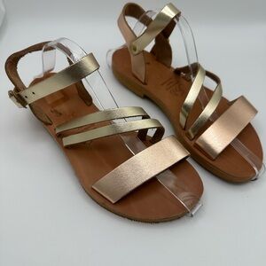 Iris Hand Made Greek Genuine Leather Sandals Size EU 37 Tan, Gold, Rose Gold